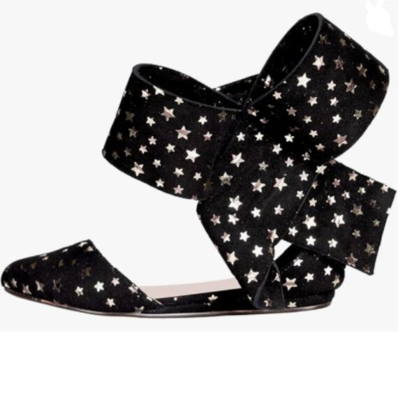 FSJ Black-gold Stars Pointed Toe D'Orsay Ankle Strap Large Side Bow Ballet Flats - Picture 1 of 8